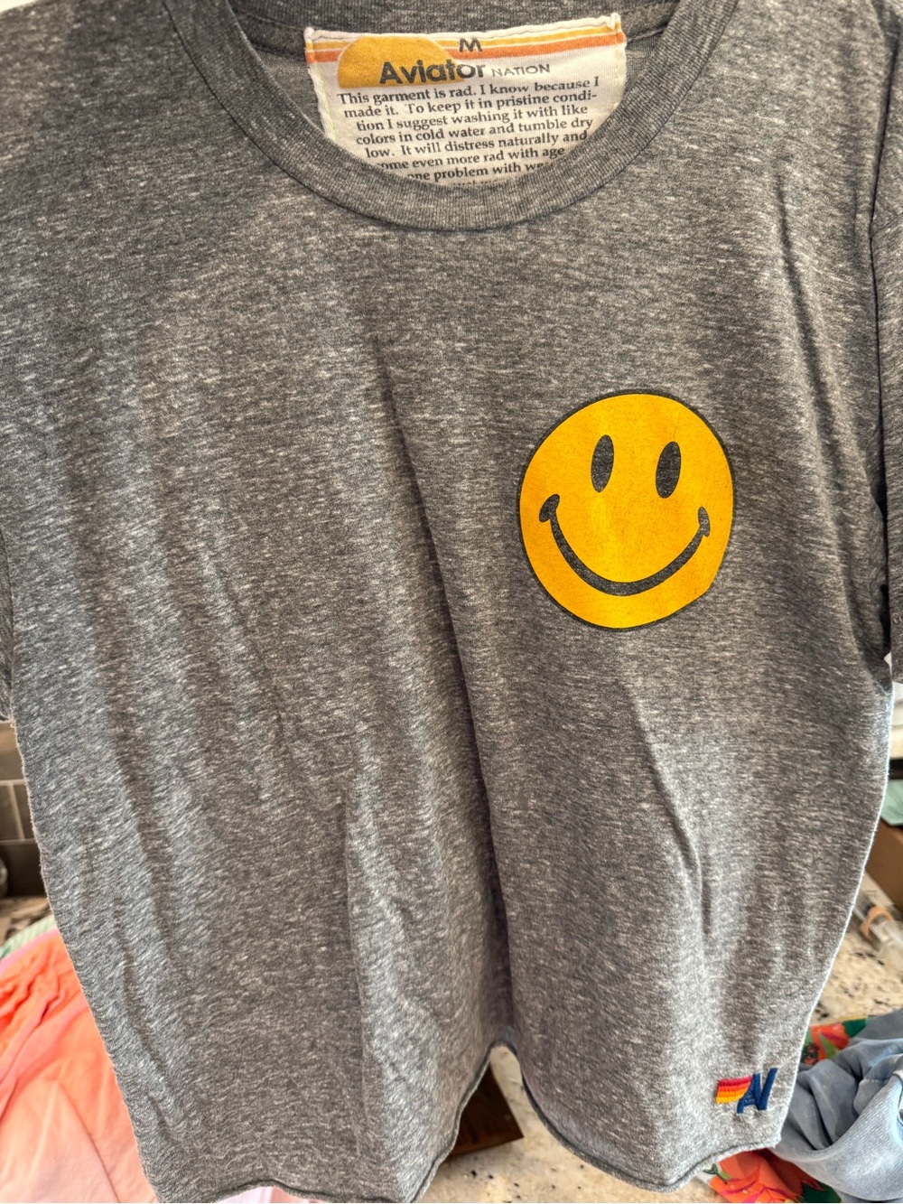 Aviator Nation womens Grey Smiley Face Tee - Yellow Graphic